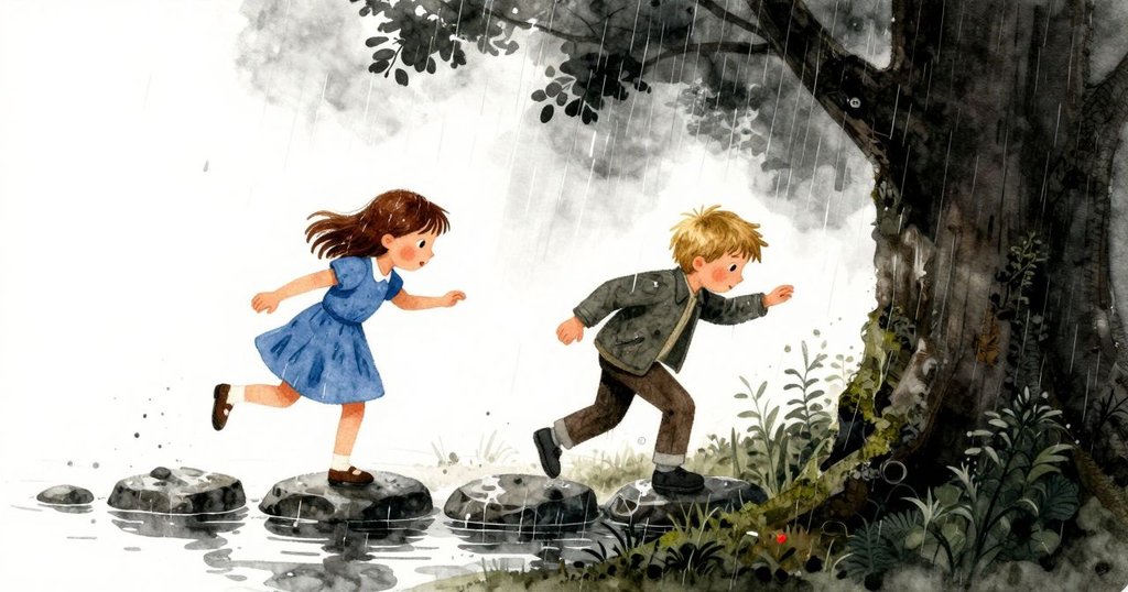 隨著雨勢增強，Esme與Jasper小心翼翼在泥濘中平衡於濕滑的石頭，樹木與水坑細節豐富，呈現時間推移。