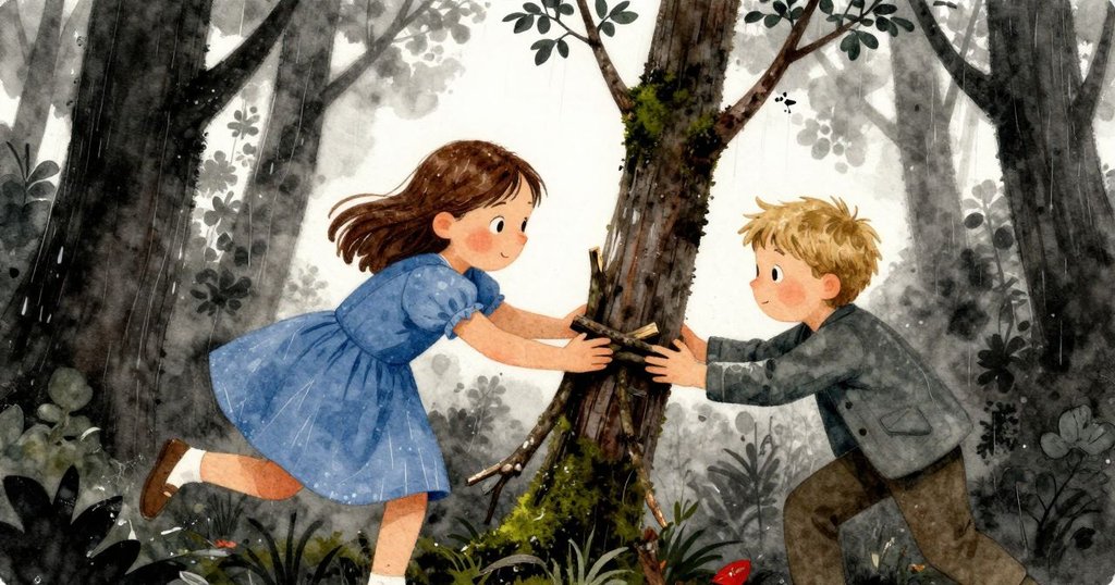 Esme與Jasper攜手合作，Jasper用斷枝作為支撐，Esme準備邁步，畫面充滿堅定與團隊精神。