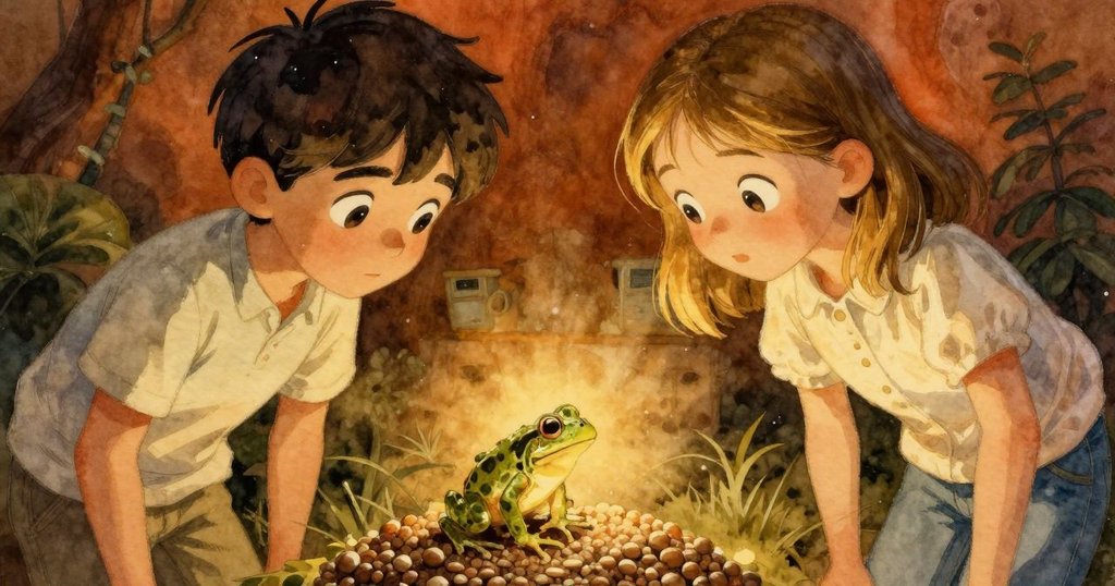 聚焦於翻動的種子, 一隻小蝌蚪狀青蛙正逸出, 透過傾斜視角顯示其突然活力與神秘