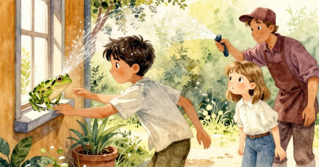 戶外花園中, 鋪滿陽光的窗台見證小青蛙躍向露天位置, 同時外園灑水營造動感氛圍, 充滿驚喜