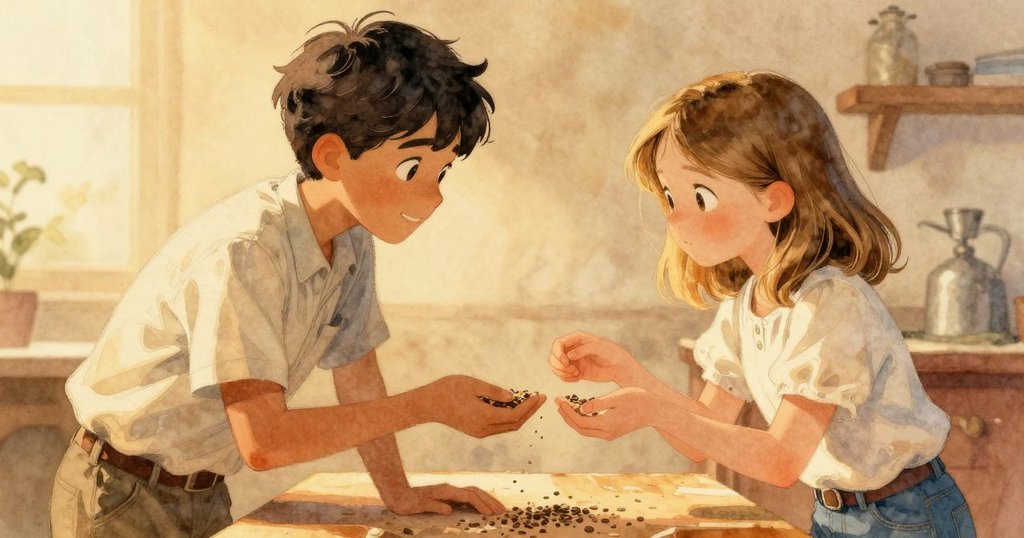 Rafael 與 Eve 面對小青蛙, 彼此交換決定與微笑, 播種檯前手中種子充滿溫暖情感, 互動生動