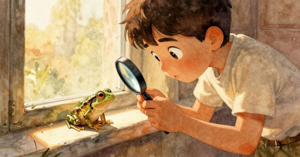 在溫暖陽光下, Rafael 持放大鏡注視著窗台上休息的小青蛙, 導致結局充滿神秘與留白