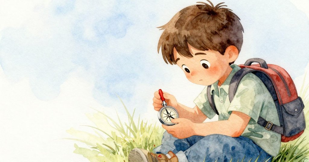 肯特蹲在草地上仔細檢查指南針紅針，並用小樹枝在泥土上刻下讀數，臉上表現出專注與思考