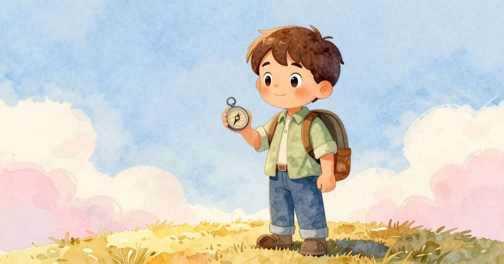 肯特站在山丘頂部，透過樹隙望向遼闊景緻，手持指南針觀察針尖變化，滿懷發現與沉思