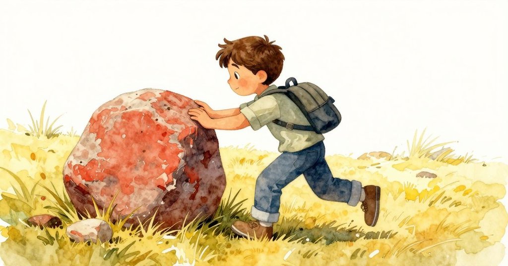 肯特在綠茵草地上快步向東北，臉上展露堅決，正小心調整一塊帶有歲月痕跡的標記石，動作活潑