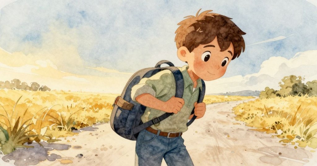 肯特在夕陽餘暉中站在彎曲小徑邊緣，背著背包，臉上流露平靜與期待，指南針上新刻痕跡清晰可見，寓意新冒險