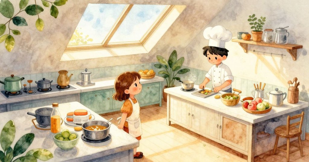 茱德在忙碌廚房內操作奶油站，貝婭在背景整理工具，晨光灑進明亮廚房，氣氛活躍