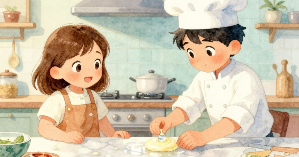 茱德的抹刀背景中，一滴凝固的面糊像晨露般閃耀在冰冷大理石上，象徵完美瞬間