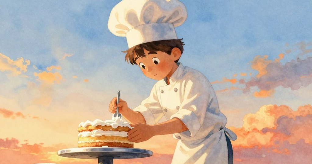 茱德全神貫注地塗抹奶油於高高層層的蛋糕上，動感十足，光線映照出作品的魔力