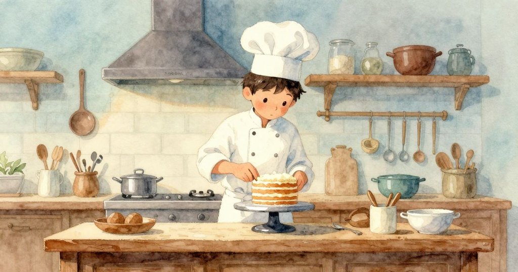 茱德靜坐於安靜廚房中，凝望著完成的層層蛋糕，街燈微弱輝映，呈現出滿足安寧的夜晚