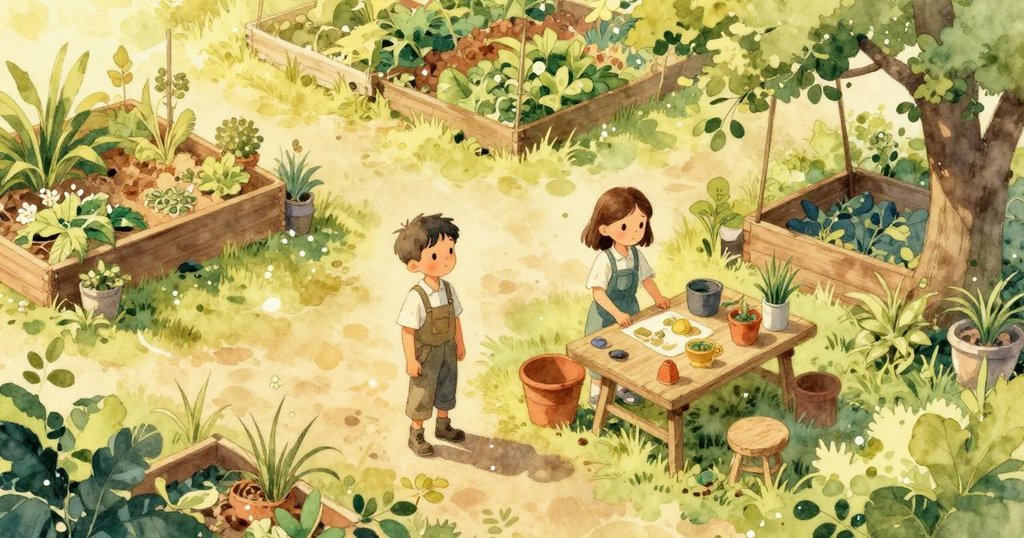 Kit與Ella在花園中忙碌,從上方看見庭院長椅、遮蔽篷和工具,展現工作開始的活力與溫暖氛圍