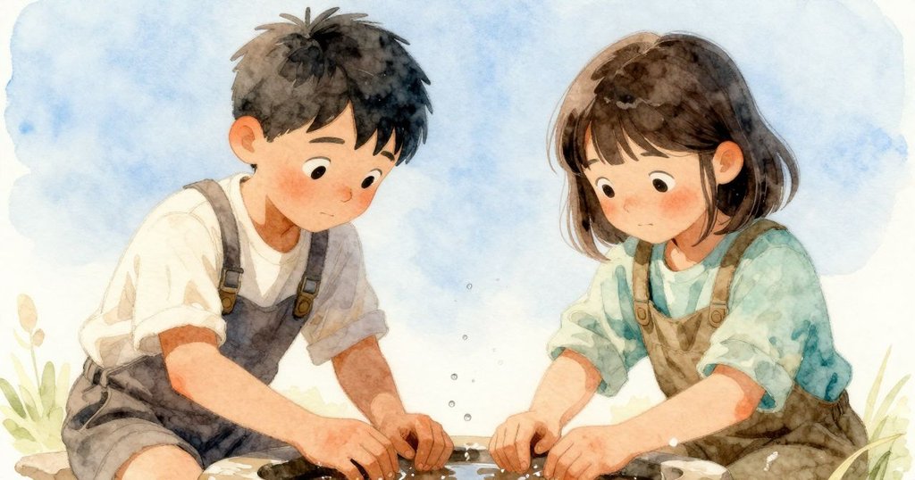 Kit專心操作剪刀在濕潤磨石上,手部動作清晰,展示水滴與泥漿細節,充滿認真與專注情緒