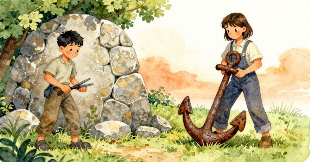 畫面分割,左邊Kit仔細觀察濕石與移動剪刀,右邊Ella迅速扶起生鏽錨物,呈現各自忙碌動作與緊湊情境