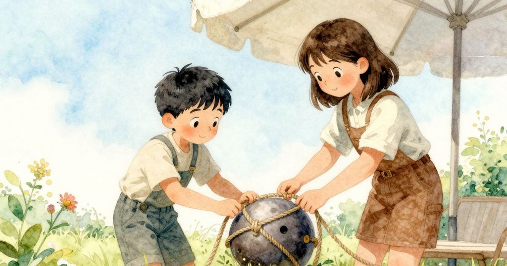 在遮蔽空間裡,Kit與Ella合作用繩固定落地庭院物品,動作協調,環境呈現柔和光線並帶有微雨氣息