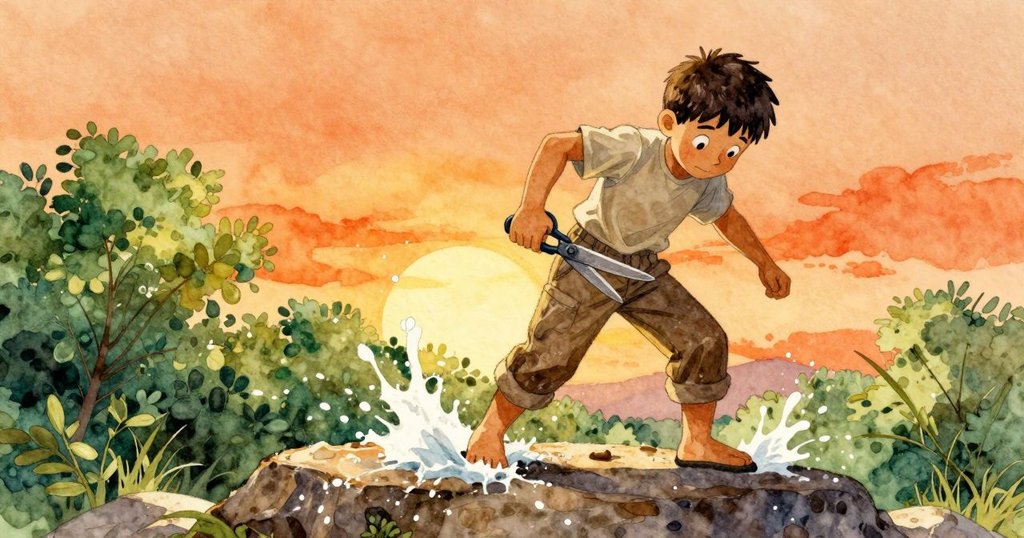 Kit迅速抓住滑動剪刀,水花濺在暗化磨石上,展示臨危不亂和緊張動作的轉捩點