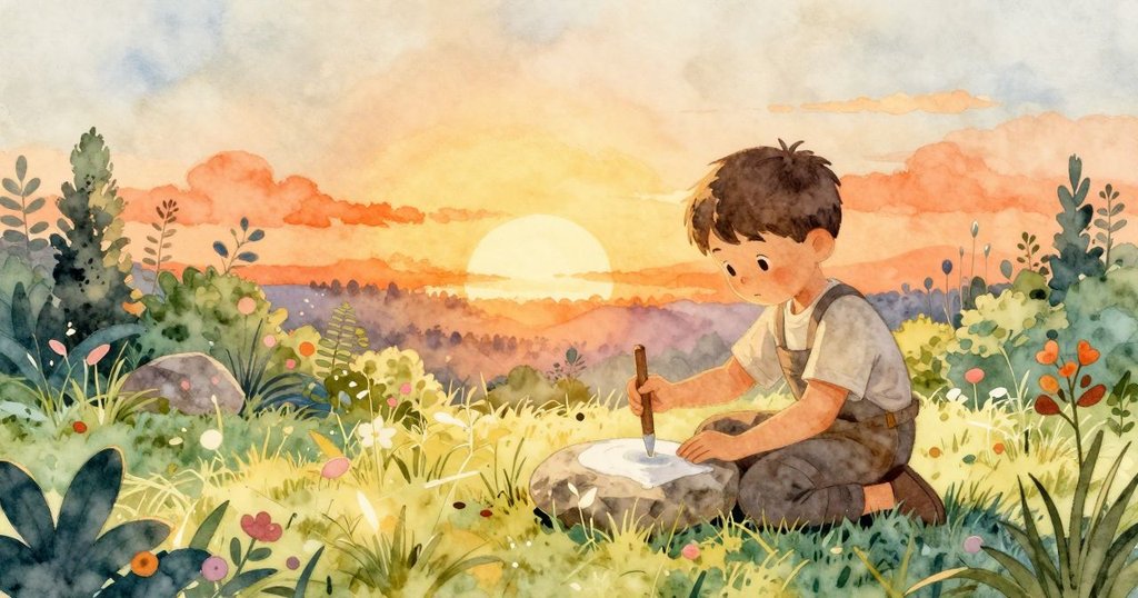 在柔和夕陽下,Kit細緻修整磨石邊緣,溫暖光線映照花園,傳達寧靜完成工作的溫馨結局