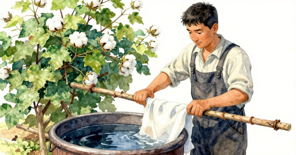 哈里斯專注地夾住新棉布條，手上沾有靛藍滴水，背景展現粗糙木質感與油缸溫暖光影。