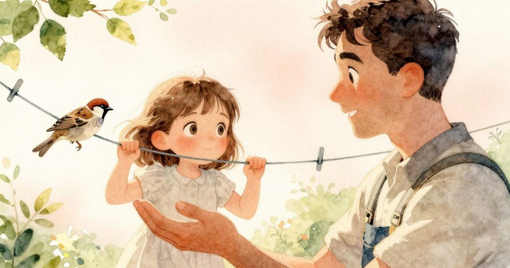 從哈里斯視角看到一隻小雀鳥從晾繩中驚飛，動作敏捷，背景充滿生動光影與自然氣息。