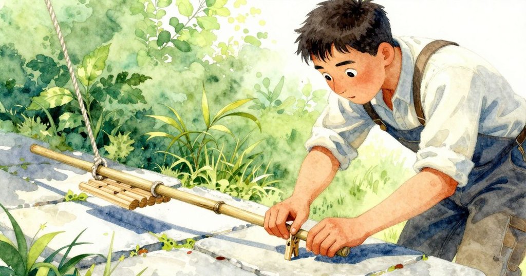 哈里斯俯身在粗糙石板上收集木釘，用竹竿穩住搖晃的晾繩，神情堅定，細節豐富呈現努力。