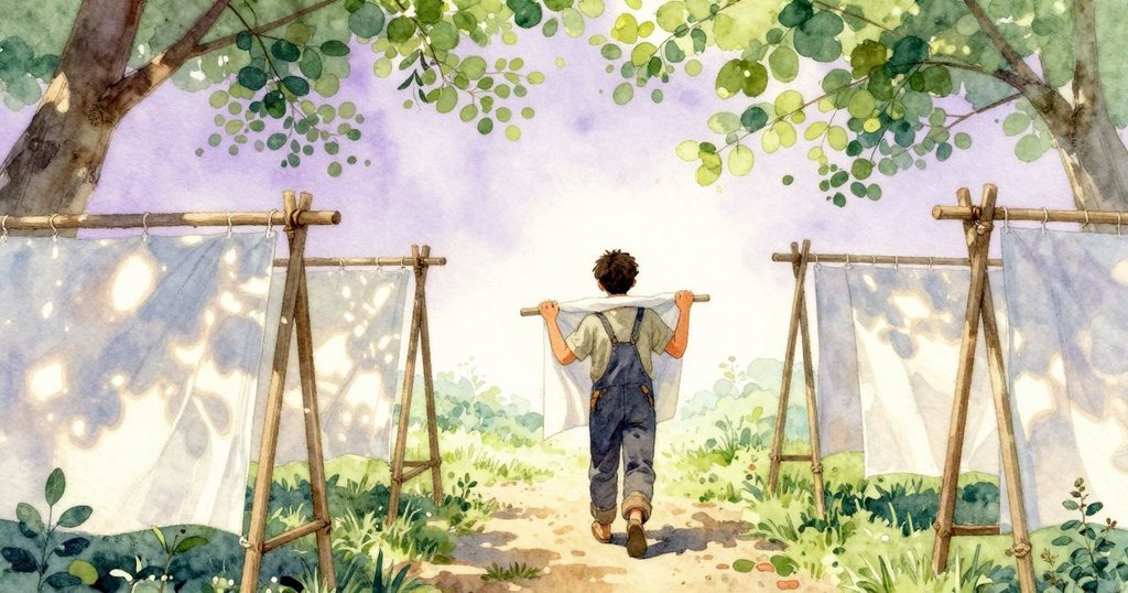 哈里斯提著染色布條朝晾衣架走去，回望繩上緩流的黃綠染料，背景寧靜，展現成功與滿足。