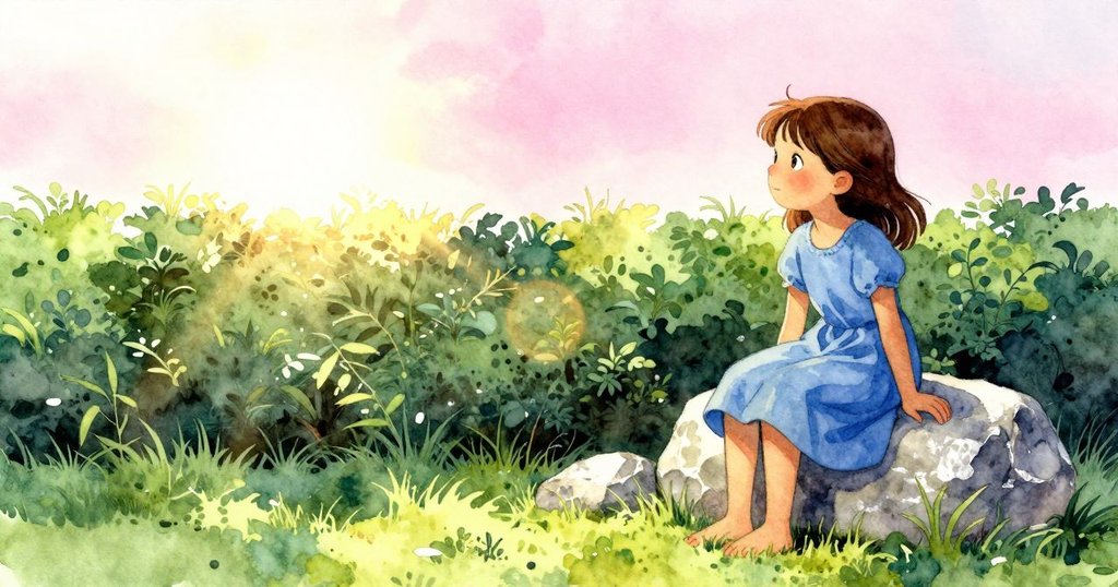 露西亞站在暖石上,專注傾聽傳來的聲響,背景有樹籬和明亮草地,展開探索之旅。