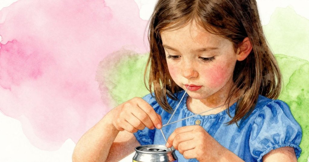 露西亞面部特寫,神情專注調整繩線,表現出好奇與決心的情緒。