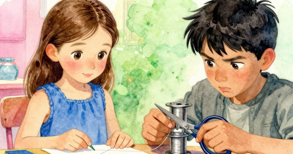 從露西亞視角看,線軸、剪刀和微顫的銀線細節清晰,展現出創意裝置的精密運作。