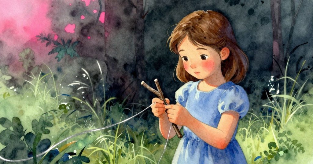 記憶中的溫柔場景,露西亞在籃中細心纏繞繩線,背景柔和懷舊,展現智慧與自然連結。