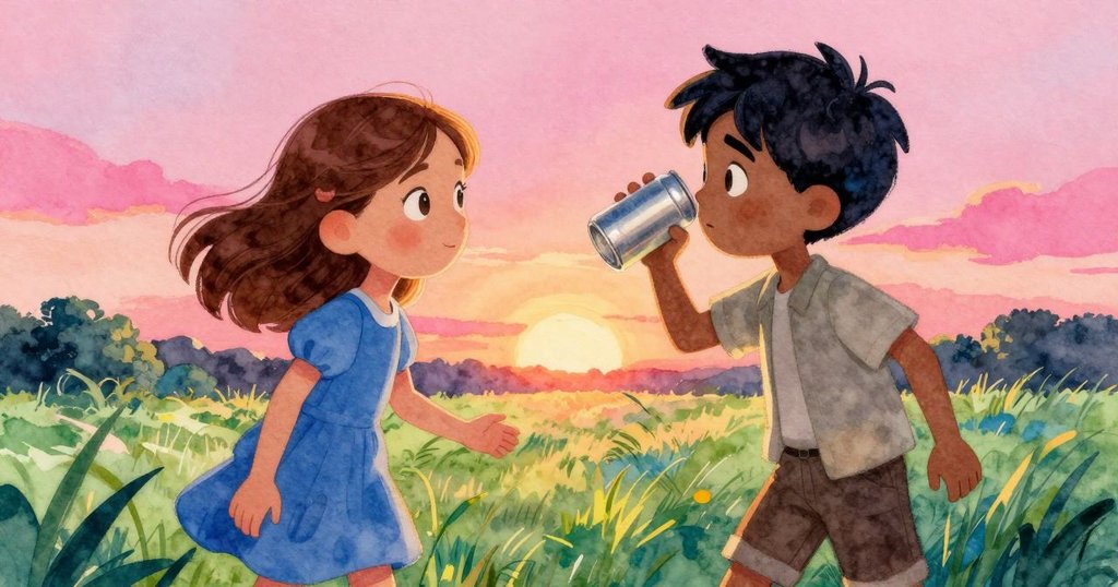 金色夕陽下,露西亞轉動金屬罐面向田野,約克倚板條箱傾聽,畫面溫暖平靜,結束探險之旅。