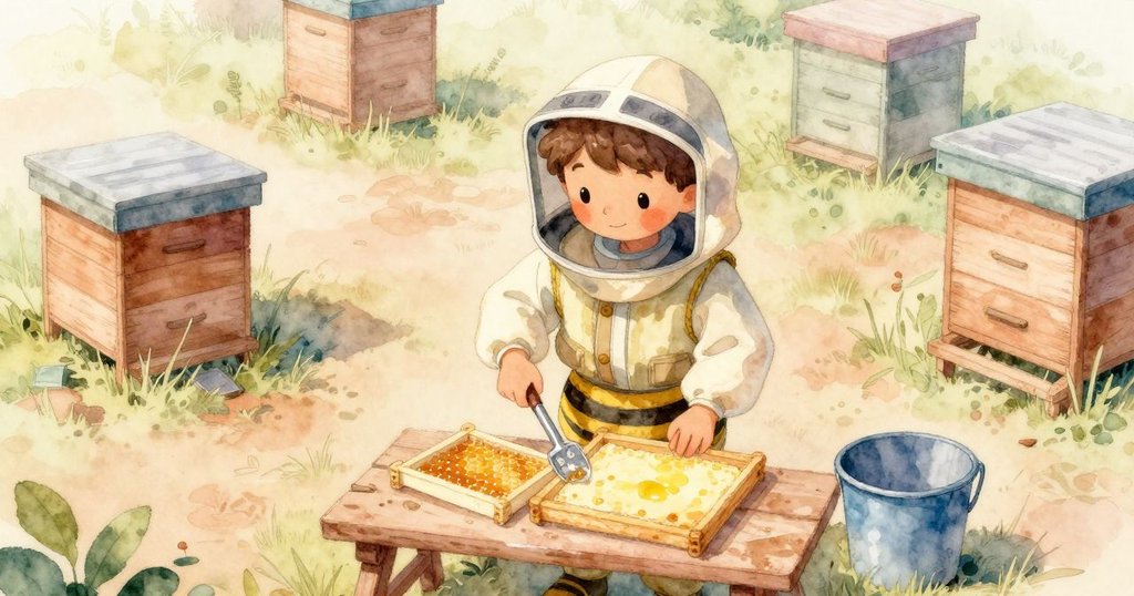 Owen在室外蜂場中觀察工具和蜂巢，全景顯示溫暖陽光下的蜂群活動，氛圍輕鬆愉快