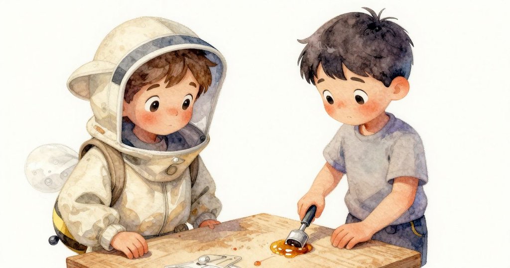 Owen的手仔細抓著工具，焦點在閃亮的蜂膠痕跡上，背景呈現温柔光線下的木質紋理