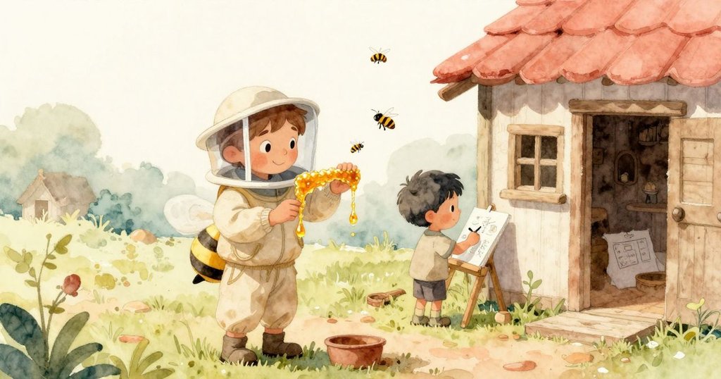 Owen操作蜂巢工具，蜂群悠然飛舞，Ned在木屋邊認真畫圖，層次豐富背景呈現忙碌又平和的情景