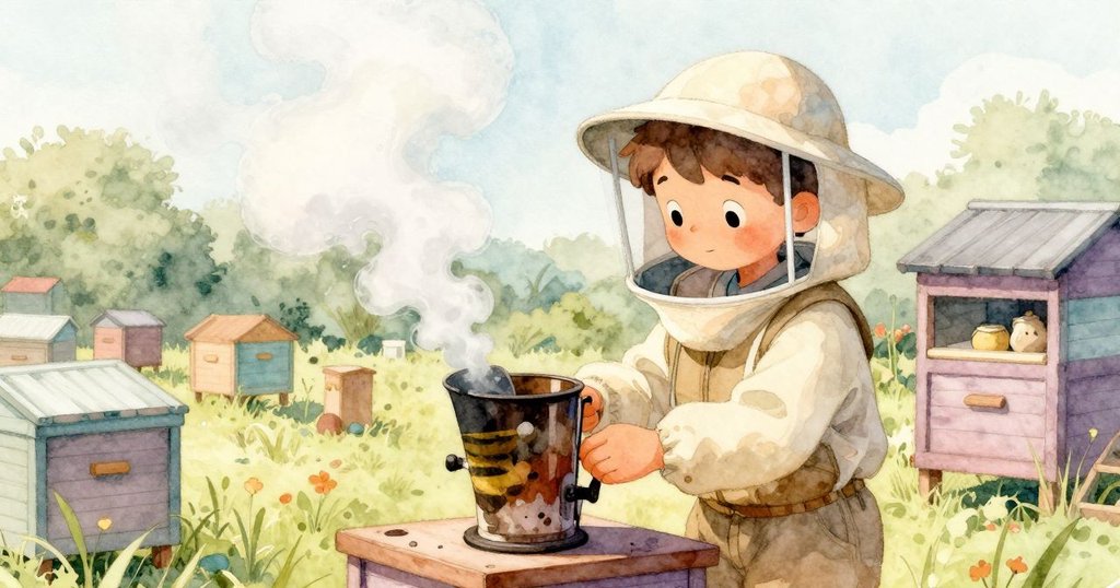 Owen在熏煙站操作，白色煙霧隨風漂浮，場景隨著時間推移呈現出柔和光影，動作專注