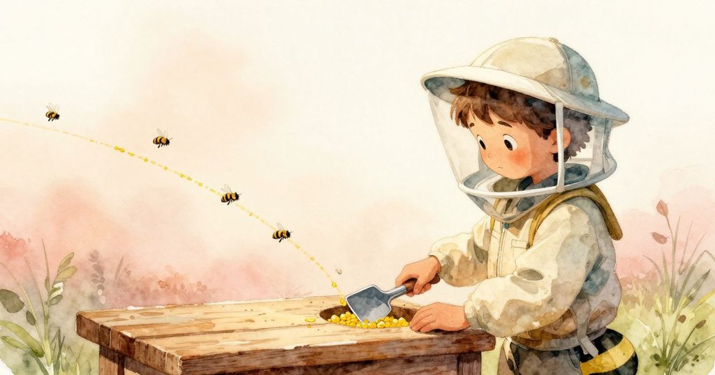 Owen將工具整齊放入凹槽中，蜂群平靜穿梭於潔淨蜂膠，黃昏柔光中透露出成就與沉靜結局