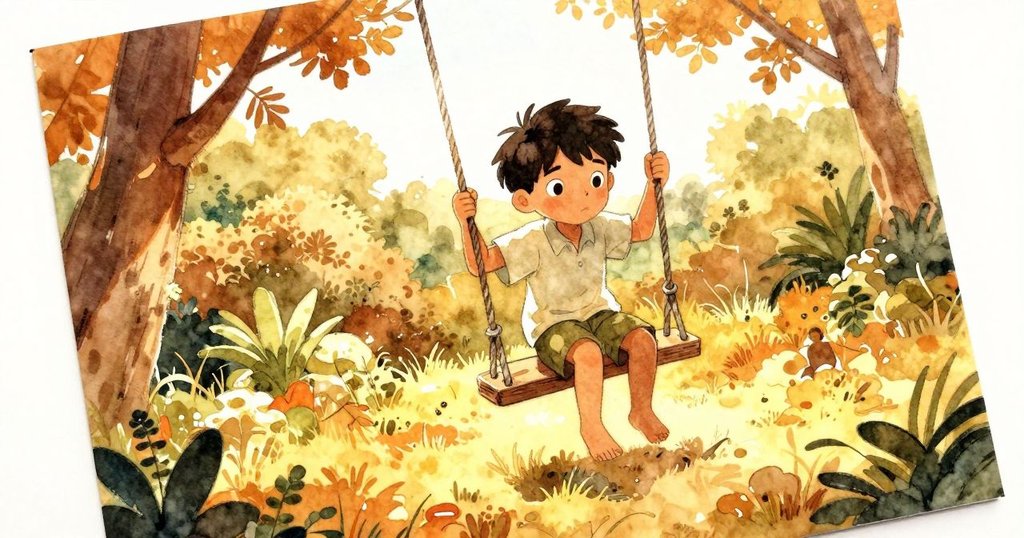 Rafe在草地上蹲下調整搖擺的畫瓶，紙上已有淡色痕跡，陽光強烈，充滿探索與期待