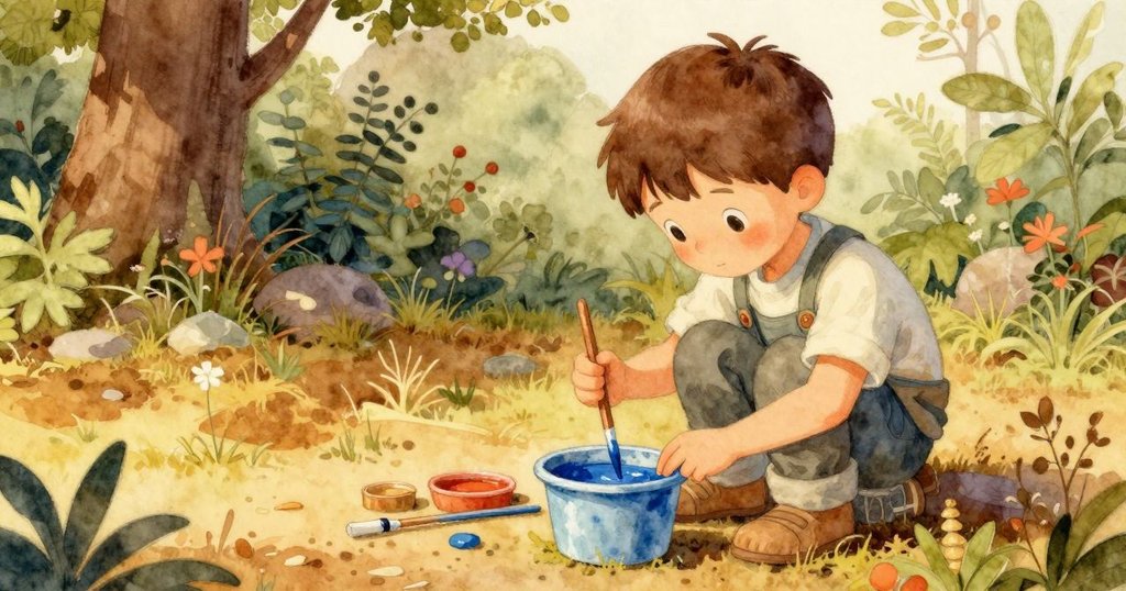 Dale專注在戶外草地上輕步操作混合藍色薄漿，手法穩健，背景充滿自然質樸的溫暖光線