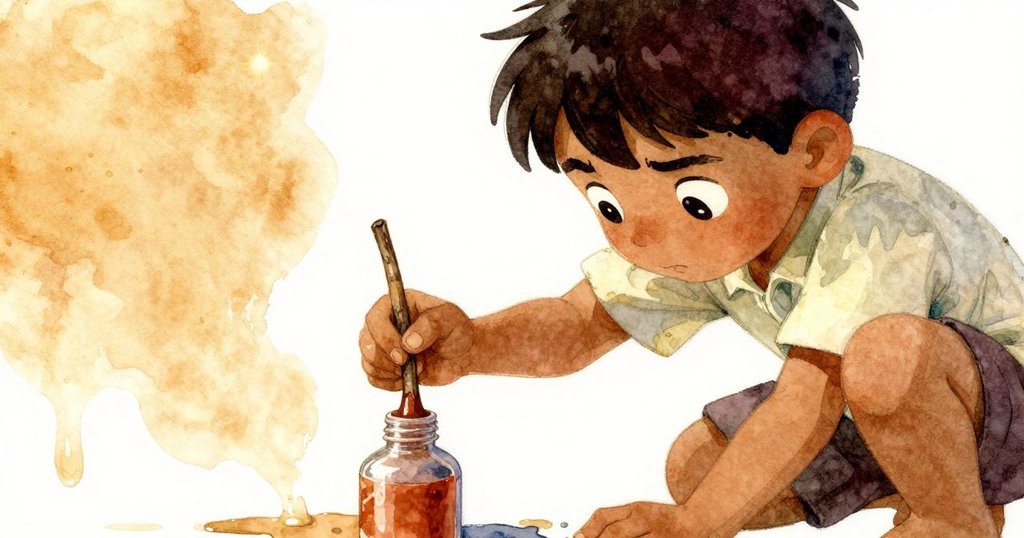 Rafe專注用細樹枝清理畫瓶噴嘴，手部特寫映出濕潤光澤，散發出堅定而認真的情感