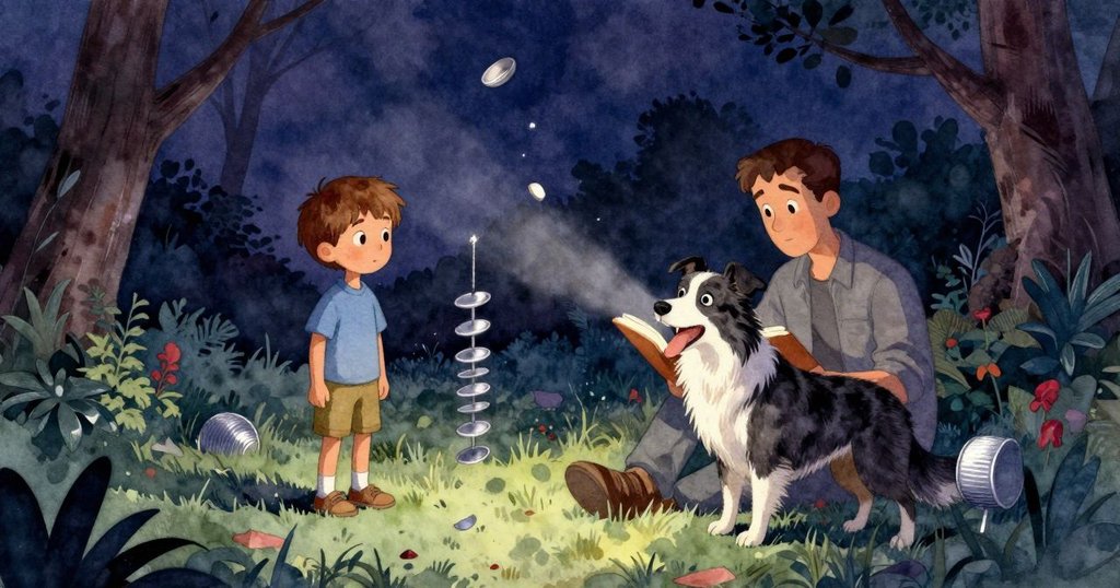 後院中，Quinn站在遠處，注視著光束中搖曳的金屬匙形風鈴與漂浮的罐蓋，場景神秘而充滿期待