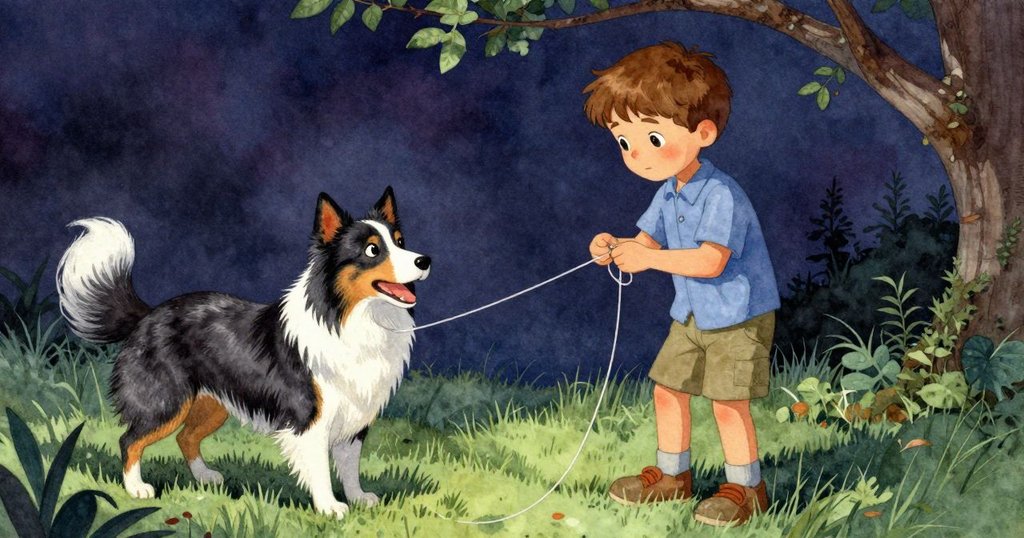 Quinn在低矮樹枝下專注綁結釣魚線，愛犬在溫暖草地中注視，兩者展現出默契與堅定情感