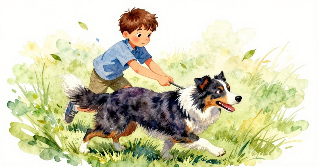 在微風中，Quinn穿越溫暖草地引導愛犬進入陰影，樹葉隨風起舞，動感場面充滿活力與寧靜