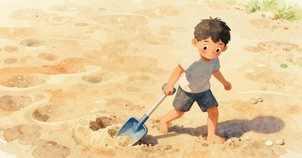 喬爾在沙盒中拖動塑膠鏟挖沙,鴿子好奇注視,整個場景陽光明媚,充滿動感與探險氣息。