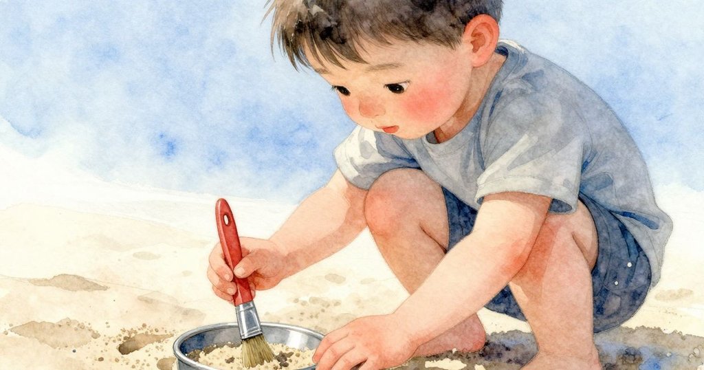 喬爾小心翼翼地用刷子清除沙塵,露出精緻金屬蠟燭台環,其細節清晰可見,表情專注。