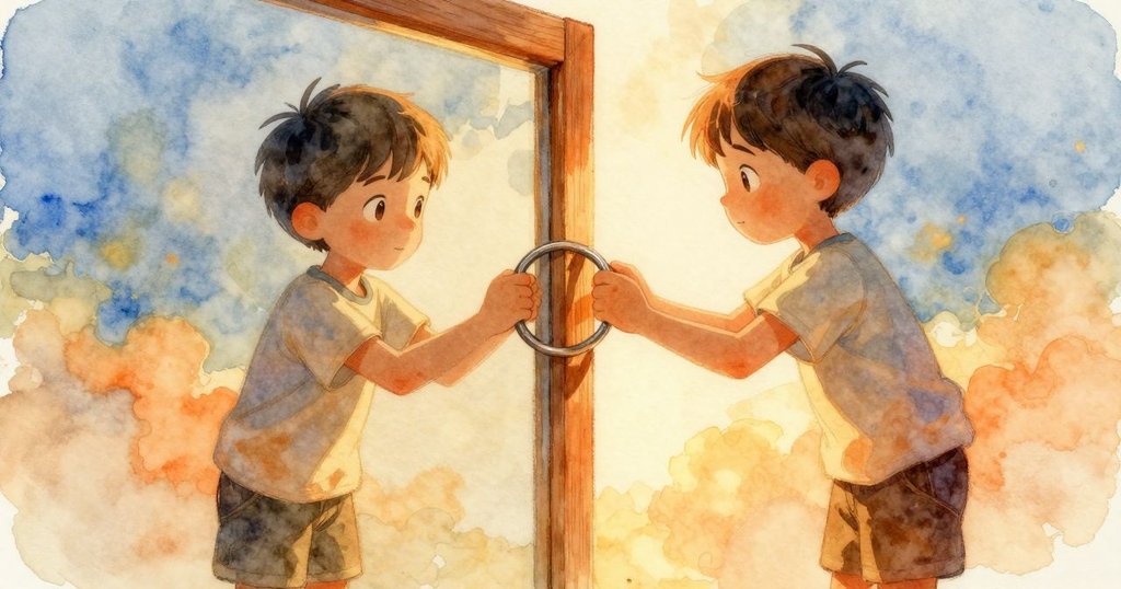 喬爾一邊在木框上放置金屬環,一邊沉浸於幻想的光芒中,現實與夢境交織,充滿奇幻魅力。