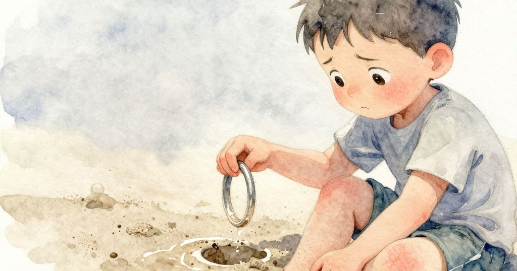 喬爾凝視著逐漸沉入沙中的環,臉上流露出掙扎與無奈,情緒豐富而內斂,氛圍深沉。