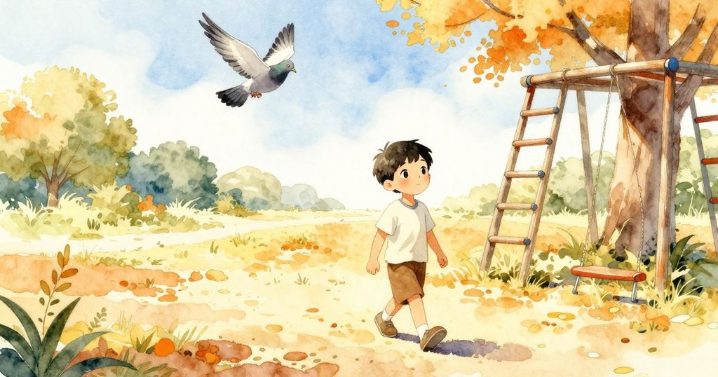 喬爾告別沙盒向爬架走去,鴿子在空中飛翔,場景寬闊明亮,充滿希望與新旅程的動力。