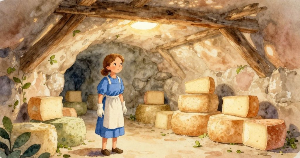 艾拉在質樸的石窟中走動，手持起司輪，石牆和木柱映襯著溫暖的光線，表情專注且平靜