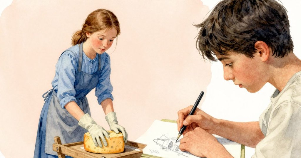 艾拉的視角展示她戴手套的雙手緊握著潮濕的起司輪，木製推車和溫柔環境中展現出細緻觸感