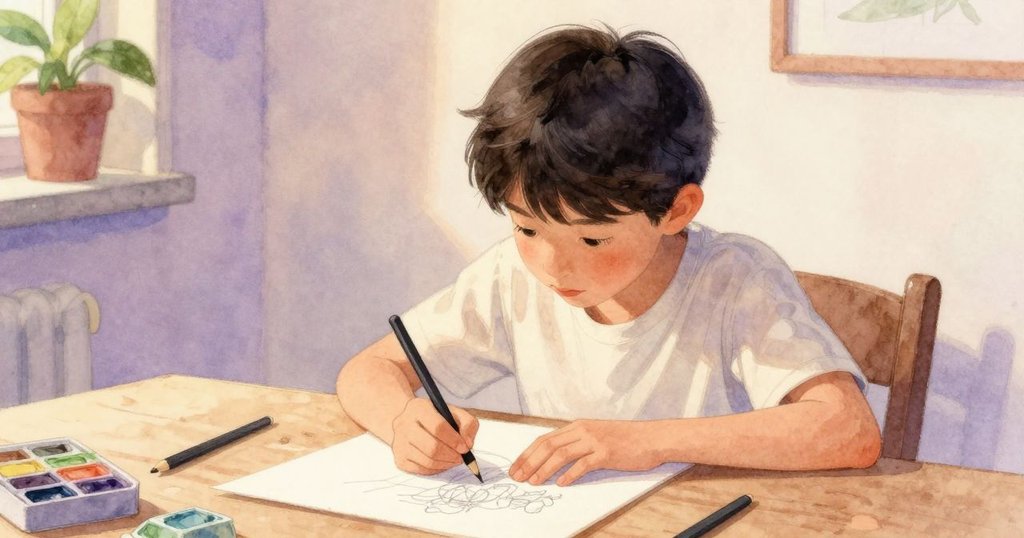 贊恩坐在舒適的品嚐角落內，專注於紙上素描，桌上擺著工具和起司實驗物，室內燈光溫暖柔和