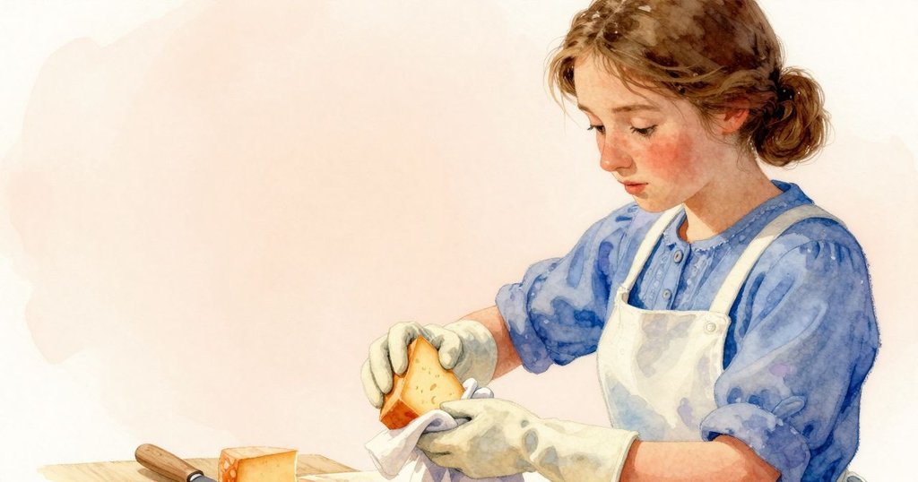 艾拉正專注地用堅硬布料包裹起司輪，手部動作明顯，水滴與粗糙質感形成強烈對比，呈現出工作瞬間的緊張感