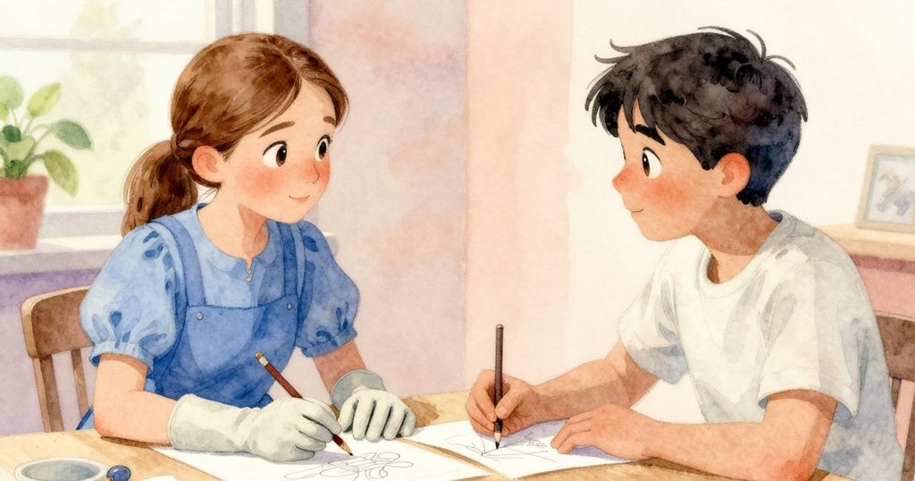 艾拉與贊恩在室內溫馨環境中互換微笑，贊恩展示著帶有閃亮鹽晶的素描，彼此間凝聚著默契與成就感